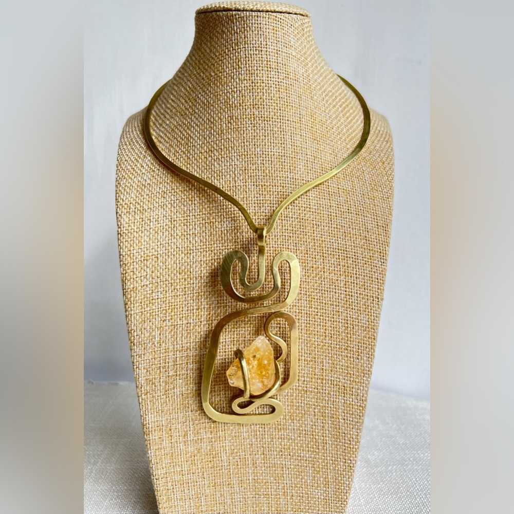 Artist signed Large Hammered Brass and Quartz Necklace